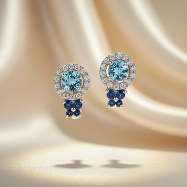 14K White Gold Blue Topaz, Sapphire & Diamond Halo Earrings - Angle View