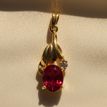 14K Yellow Gold Oval Ruby & Diamond Pendant - angle 3