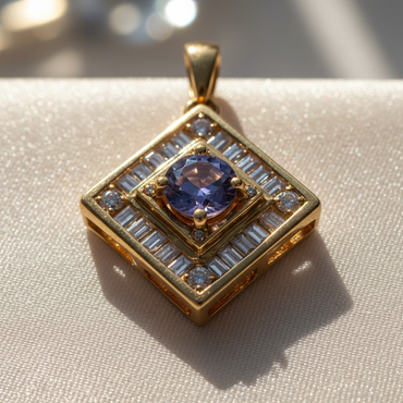 14K Yellow Gold Tanzanite & Diamond Geometric Pendant - Macro View