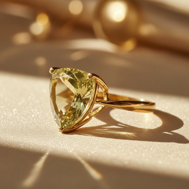 14K Yellow Gold Trillion Olive Quartz Ring three-quarter angle on cream satin