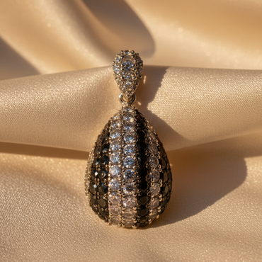 14K White Gold Black & White Sapphire Teardrop Pavé Pendant – Detail View