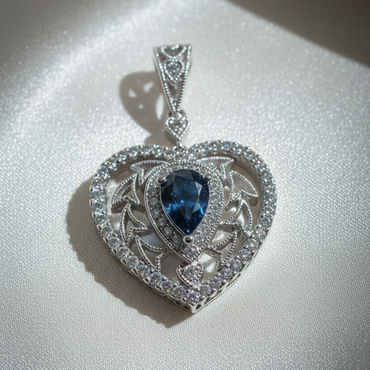 18K White Gold Sapphire & Diamond Vintage Filigree Heart Pendant - angle 2