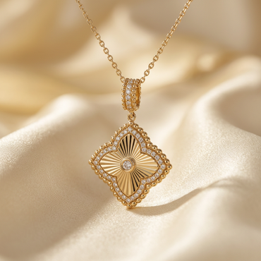 DOV 18K yellow gold diamond fluted quatrefoil pendant, turned view