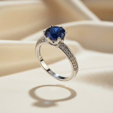 14K White Gold Blue Sapphire Solitaire Ring with Diamond Pavé Band - Three-Quarter View