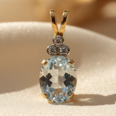 14K Yellow Gold Oval Aquamarine & Diamond Pendant - editorial front