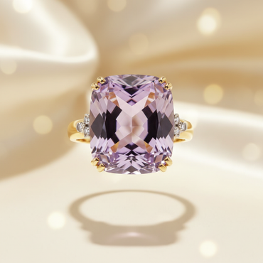 14K Yellow Gold Cushion Amethyst Diamond Ring — Front View