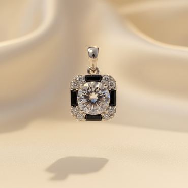 Sterling Silver CZ Black Nano Crystal Square Pendant - Front View
