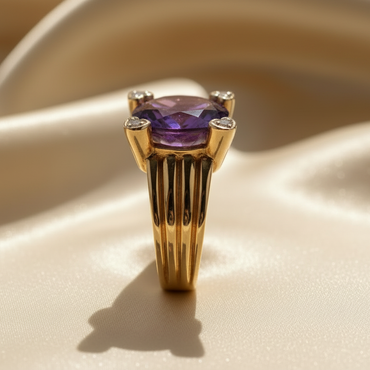 14K Yellow Gold 8x6mm Oval Amethyst and Diamond Ring - side profile