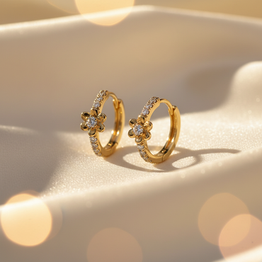 10K Yellow Gold Diamond Flower Huggie Hoop Earrings - editorial front