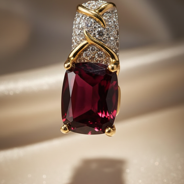 14K two-tone gold garnet and pink topaz diamond pendant front view