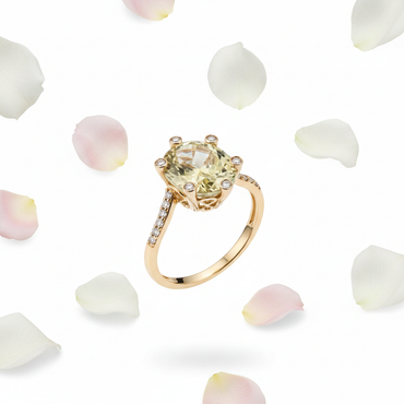 14K Yellow Gold Trillion-Cut Lime Quartz Ring with White Sapphire Halo Accents