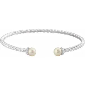 14K White Freshwater Cultured Pearl & 1/10 CTW Diamond Cuff Bracelet