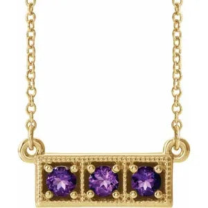 14K Yellow Natural Amethyst Three-Stone Bar 16-18" Necklace