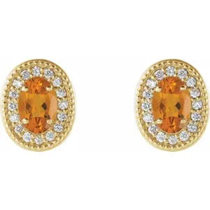 14K Yellow 6x4 mm Natural Citrine & 1/5 CTW Natural Diamond Halo-Style Earrings