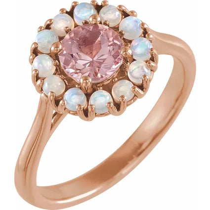 14K Rose Natural Morganite & Natural Ethiopian Opal Halo-Style Ring