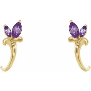 14K Yellow Natural Amethyst Floral J-Hoop Earrings