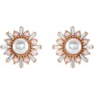 14K Rose Cultured White Akoya Pearl, Natural White Opal & 1/6 CTW Natural Diamond Earrings