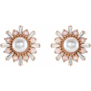 14K Rose Cultured White Akoya Pearl, Natural White Opal & 1/6 CTW Natural Diamond Earrings