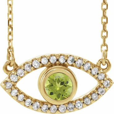 14K Yellow Natural Peridot & Natural White Sapphire Evil Eye 18" Necklace