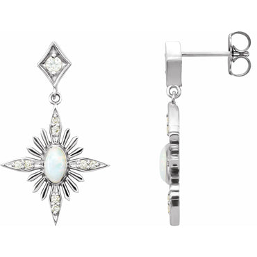 14K White Natural White Opal & 1/6 CTW Natural Diamond Celestial Earrings