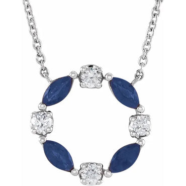 14K White Natural Blue Sapphire & 1/10 CTW Natural Diamond Circle 18" Necklace