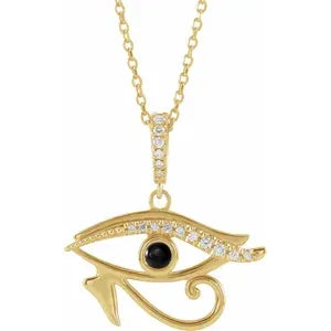 14K Yellow Natural Black Onyx & .08 CTW Natural Diamond Eye of Horus 16-18" Necklace