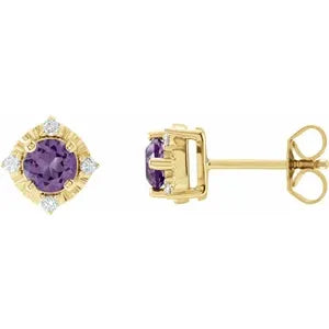 14K Yellow Natural Amethyst & .08 CTW Natural Diamond Halo-Style Earrings