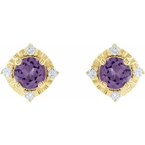 14K Yellow Natural Amethyst & .08 CTW Natural Diamond Halo-Style Earrings