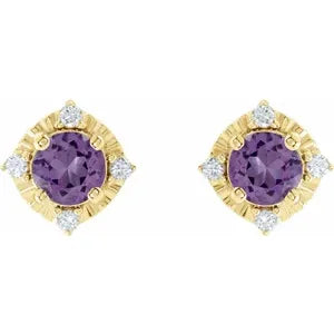 14K Yellow Natural Amethyst & .08 CTW Natural Diamond Halo-Style Earrings