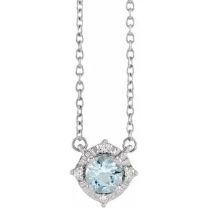 14K White Natural Aquamarine & .04 CTW Natural Diamond Halo-Style 18" Necklace