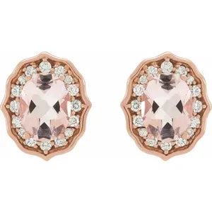 14K Rose Natural Peach Morganite & 1/3 CTW Diamond Earrings