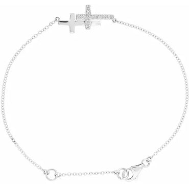 Sterling Silver Imitation Cubic Zirconia Double Sideways Cross 8" Bracelet