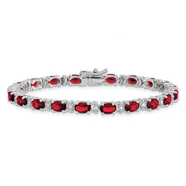 14k White Gold Oval Created Ruby and Diamond Bracelet