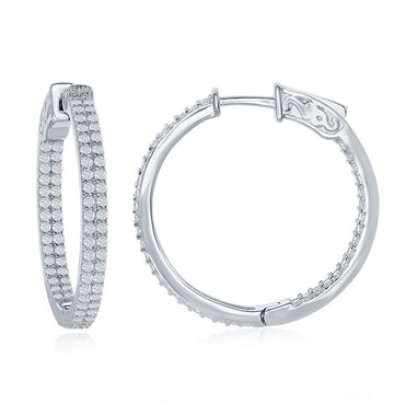 Sterling Silver 3x30mm Inside-Outside Double Row CZ Hoop Earrings