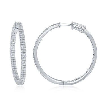 Sterling Silver 3x40mm Inside-Outside Double Row CZ Hoop Earrings