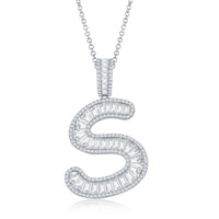 Sterling Silver Baguette CZ 'Extra Large' 'S' Initial Pendant W/Chain