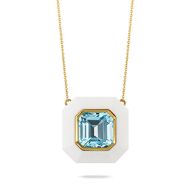 18K Yellow Gold Mykonos Necklace with Sky Blue Topaz Center and White Agate Border