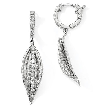 Sterling Silver CZ Leaf Hinged Hoop Dangle Earrings