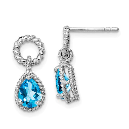 Sterling Silver Rhodium Plated Blue Topaz Pear Twisted Post Earrings