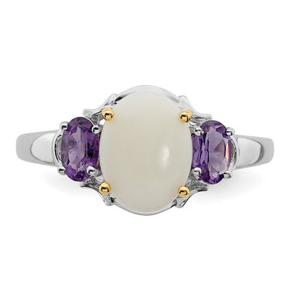 Sterling Silver with 14K Accent Rhodium-plated Opal and Amethyst Ring