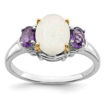 Sterling Silver with 14K Accent Rhodium-plated Opal and Amethyst Ring