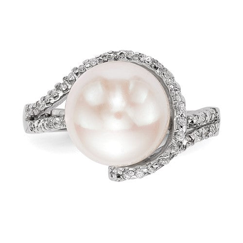 Sterling Silver White Button Pearl CZ Ring