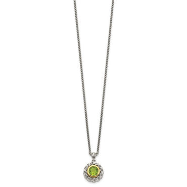 Sterling Silver with 14K Accent 18 Inch Antiqued Round Bezel Peridot Necklace