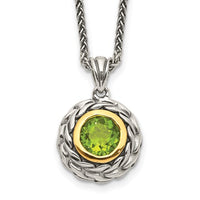 Sterling Silver with 14K Accent 18 Inch Antiqued Round Bezel Peridot Necklace
