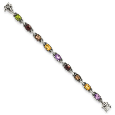 Sterling Silver 7.25 Inch Antiqued Cushion Amethyst Citrine Garnet Peridot and Smoky Quartz Bracelet