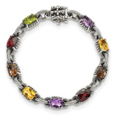 Sterling Silver 7.25 Inch Antiqued Cushion Amethyst Citrine Garnet Peridot and Smoky Quartz Bracelet