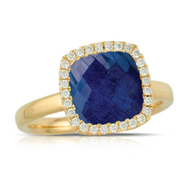 18K Yellow Gold Royal Lapis Diamond Ring with Clear Quartz Over Lapis