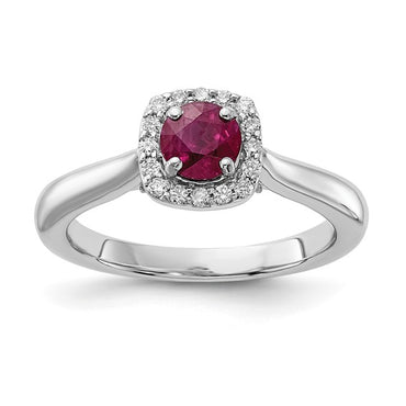 14K White Gold 1/6ct Diamond and 3/8ct Round Ruby Center Cushion Halo Ring