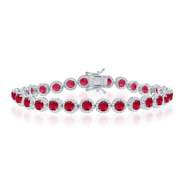 Sterling Silver Round Halo White & Ruby CZ Linked Bracelet