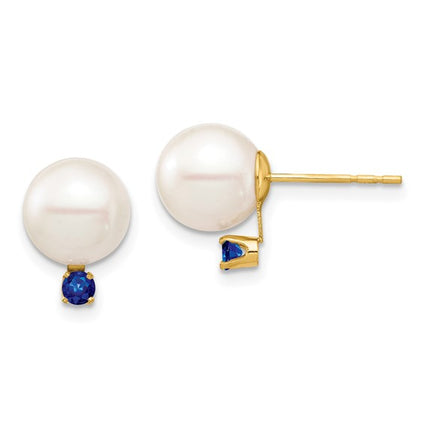 14K 8-8.5mm White Round Freshwater Cultured Pearl Sapphire Post Earrings